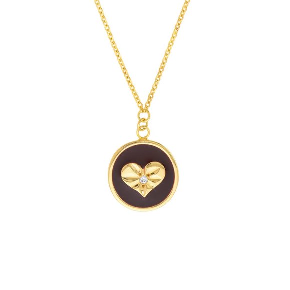 14K Solid Gold Red Enamel Heart Medallion Pendant Necklace - Picture 1 of 5